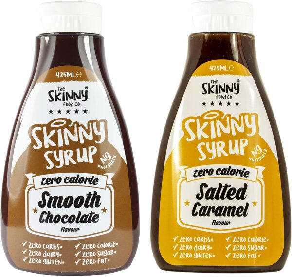 Skinny Foods Syrup Twin Pack SW Salted Caramel & Smooth Chocolate Dessert Topping Sugar Free Zero Calories Guilt Free Sauce