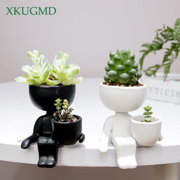 Humanoid Ceramic Flower Pot Character Sitting Posture Sculpture Vase Desktop Flower Arrangement Container Couple Gift Ornaments