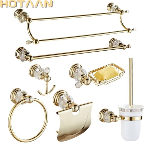 Luxury Crystal Gold Color Bathroom Accessories Set Gold Polished Brass Bath Hardware Set Wall Mounted Bathroom Products banheiro