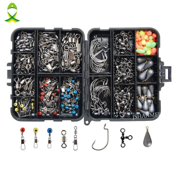 JSM 160pcs/box Fishing Accessories Kit Including Jig Hooks fishing Sinker weights fishing Swivels Snaps with fishing tackle box
