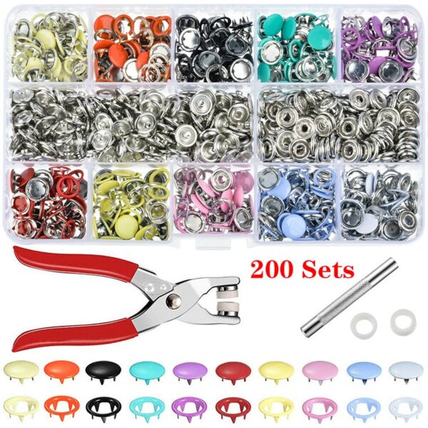 Plier Tool + 100/200 Set 10 Color Metal Sewing Buttons Hollow/Solid Prong Press Studs Snap Fasteners for Installing Clothes Bags